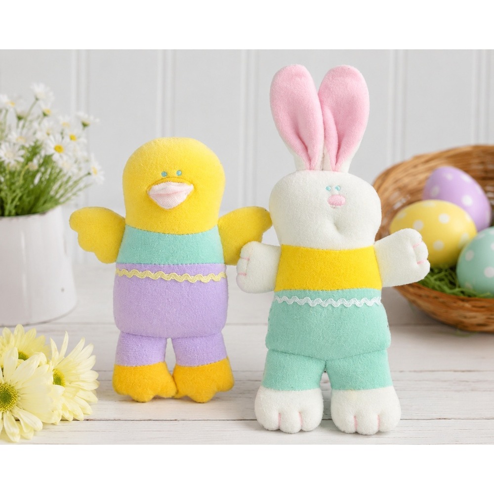 Vintage 80s Hallmark Easter Bunny Duck Plush Squeak Toys Baby Lovey Stuffed Pair